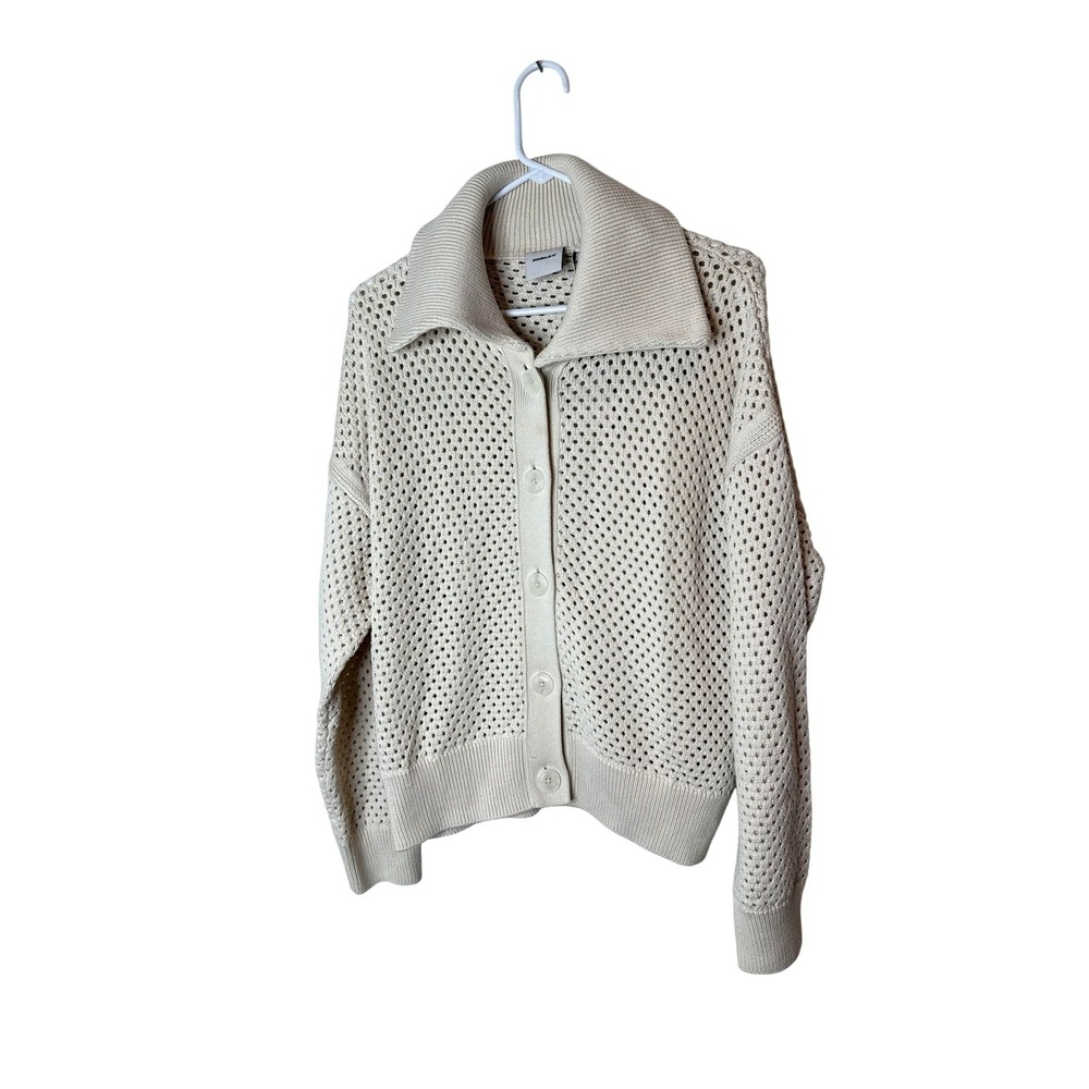 Varley Cardigan Sweater Womens Medium White Open Knit Collared Button Front